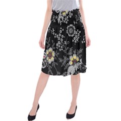 Black Background With Gray Flowers, Floral Black Texture Midi Beach Skirt