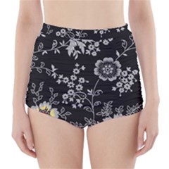 Black Background With Gray Flowers, Floral Black Texture High-Waisted Bikini Bottoms