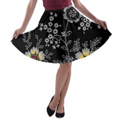 Black Background With Gray Flowers, Floral Black Texture A-line Skater Skirt