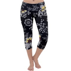 Black Background With Gray Flowers, Floral Black Texture Capri Yoga Leggings