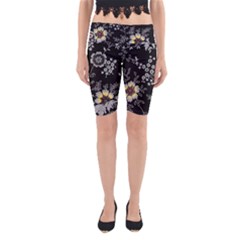 Black Background With Gray Flowers, Floral Black Texture Yoga Cropped Leggings