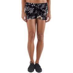 Black Background With Gray Flowers, Floral Black Texture Yoga Shorts