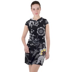 Black Background With Gray Flowers, Floral Black Texture Drawstring Hooded Dress