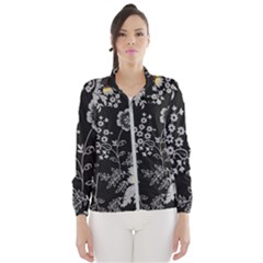 Black Background With Gray Flowers, Floral Black Texture Women s Windbreaker by nateshop