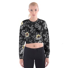 Black Background With Gray Flowers, Floral Black Texture Cropped Sweatshirt