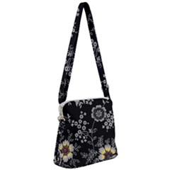 Black Background With Gray Flowers, Floral Black Texture Zipper Messenger Bag