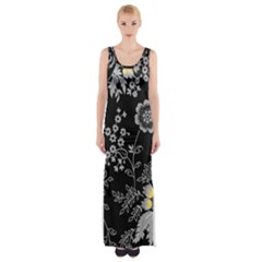 Black Background With Gray Flowers, Floral Black Texture Thigh Split Maxi Dress