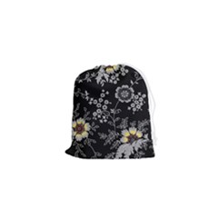 Black Background With Gray Flowers, Floral Black Texture Drawstring Pouch (xs) by nateshop