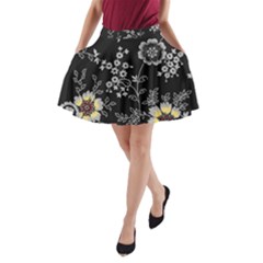 Black Background With Gray Flowers, Floral Black Texture A-Line Pocket Skirt