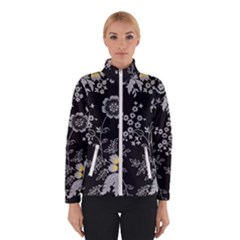 Black Background With Gray Flowers, Floral Black Texture Women s Bomber Jacket