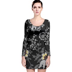 Black Background With Gray Flowers, Floral Black Texture Long Sleeve Velvet Bodycon Dress