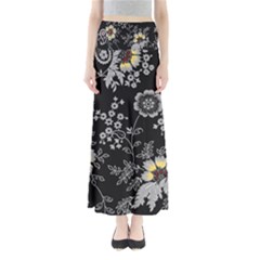 Black Background With Gray Flowers, Floral Black Texture Full Length Maxi Skirt