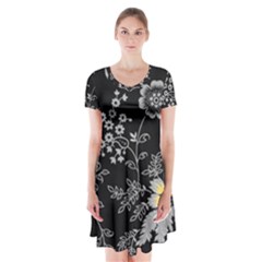 Black Background With Gray Flowers, Floral Black Texture Short Sleeve V-neck Flare Dress