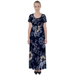 Black Background With Gray Flowers, Floral Black Texture High Waist Short Sleeve Maxi Dress