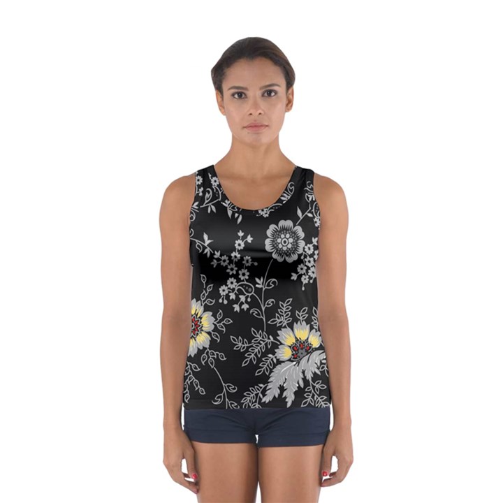 Black Background With Gray Flowers, Floral Black Texture Sport Tank Top 