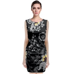 Black Background With Gray Flowers, Floral Black Texture Classic Sleeveless Midi Dress