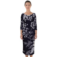 Black Background With Gray Flowers, Floral Black Texture Quarter Sleeve Midi Bodycon Dress