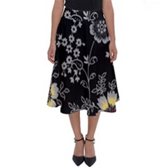 Black Background With Gray Flowers, Floral Black Texture Perfect Length Midi Skirt