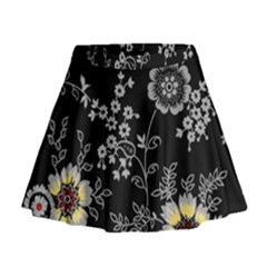 Black Background With Gray Flowers, Floral Black Texture Mini Flare Skirt