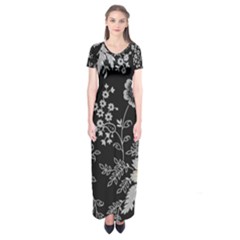 Black Background With Gray Flowers, Floral Black Texture Short Sleeve Maxi Dress