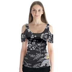 Black Background With Gray Flowers, Floral Black Texture Butterfly Sleeve Cutout T-Shirt 