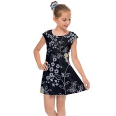 Black Background With Gray Flowers, Floral Black Texture Kids  Cap Sleeve Dress