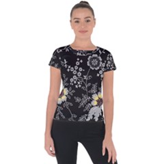 Black Background With Gray Flowers, Floral Black Texture Short Sleeve Sports Top 