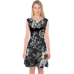 Black Background With Gray Flowers, Floral Black Texture Capsleeve Midi Dress