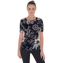 Black Background With Gray Flowers, Floral Black Texture Shoulder Cut Out Short Sleeve Top