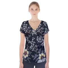 Black Background With Gray Flowers, Floral Black Texture Short Sleeve Front Detail Top by nateshop