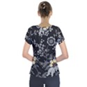 Black Background With Gray Flowers, Floral Black Texture Short Sleeve Front Detail Top View2