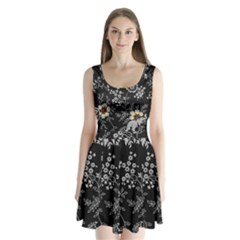 Black Background With Gray Flowers, Floral Black Texture Split Back Mini Dress 