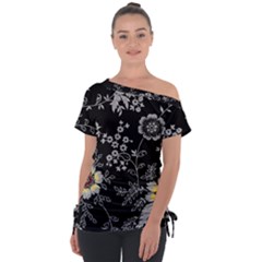 Black Background With Gray Flowers, Floral Black Texture Off Shoulder Tie-Up T-Shirt