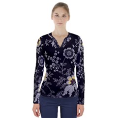 Black Background With Gray Flowers, Floral Black Texture V-Neck Long Sleeve Top