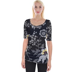 Black Background With Gray Flowers, Floral Black Texture Wide Neckline T-Shirt