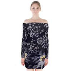 Black Background With Gray Flowers, Floral Black Texture Long Sleeve Off Shoulder Dress