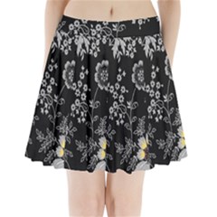 Black Background With Gray Flowers, Floral Black Texture Pleated Mini Skirt by nateshop