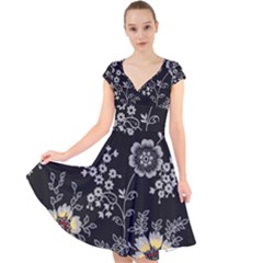 Black Background With Gray Flowers, Floral Black Texture Cap Sleeve Front Wrap Midi Dress