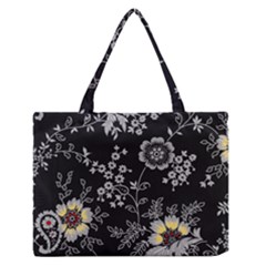 Black Background With Gray Flowers, Floral Black Texture Zipper Medium Tote Bag by nateshop