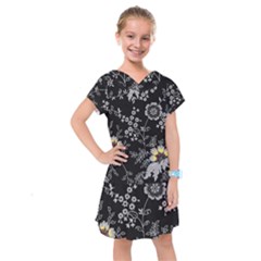 Black Background With Gray Flowers, Floral Black Texture Kids  Drop Waist Dress