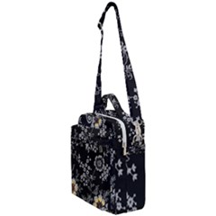 Black Background With Gray Flowers, Floral Black Texture Crossbody Day Bag