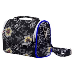 Black Background With Gray Flowers, Floral Black Texture Satchel Shoulder Bag