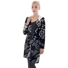 Black Background With Gray Flowers, Floral Black Texture Hooded Pocket Cardigan