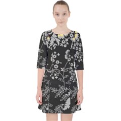 Black Background With Gray Flowers, Floral Black Texture Quarter Sleeve Pocket Dress