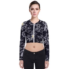 Black Background With Gray Flowers, Floral Black Texture Long Sleeve Zip Up Bomber Jacket