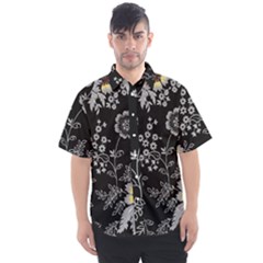 Black Background With Gray Flowers, Floral Black Texture Men s Short Sleeve Shirt