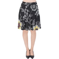 Black Background With Gray Flowers, Floral Black Texture Velvet High Waist Skirt