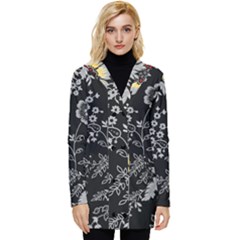 Black Background With Gray Flowers, Floral Black Texture Button Up Hooded Coat 