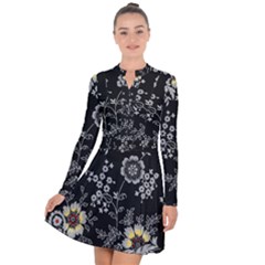 Black Background With Gray Flowers, Floral Black Texture Long Sleeve Panel Dress