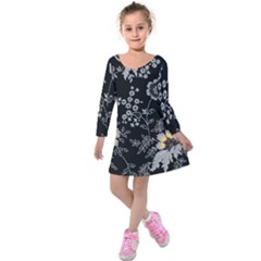 Black Background With Gray Flowers, Floral Black Texture Kids  Long Sleeve Velvet Dress